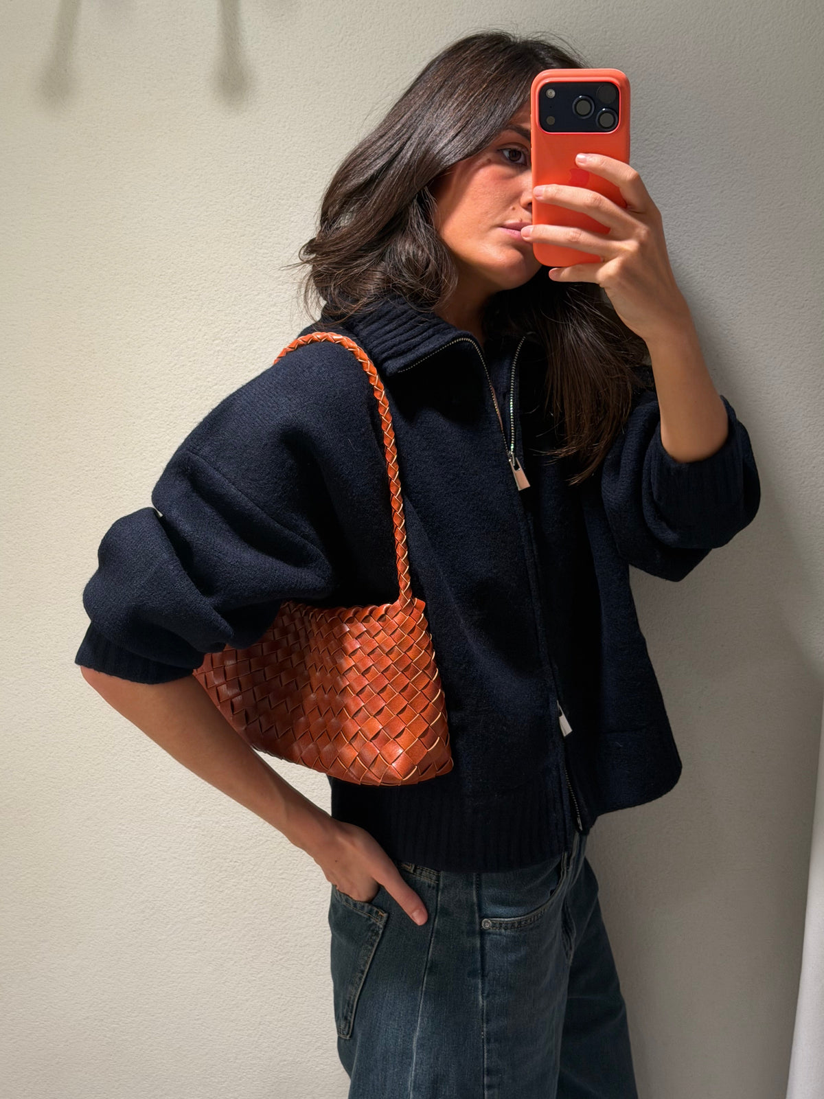 Bolso mediado trenzado piel - Camel