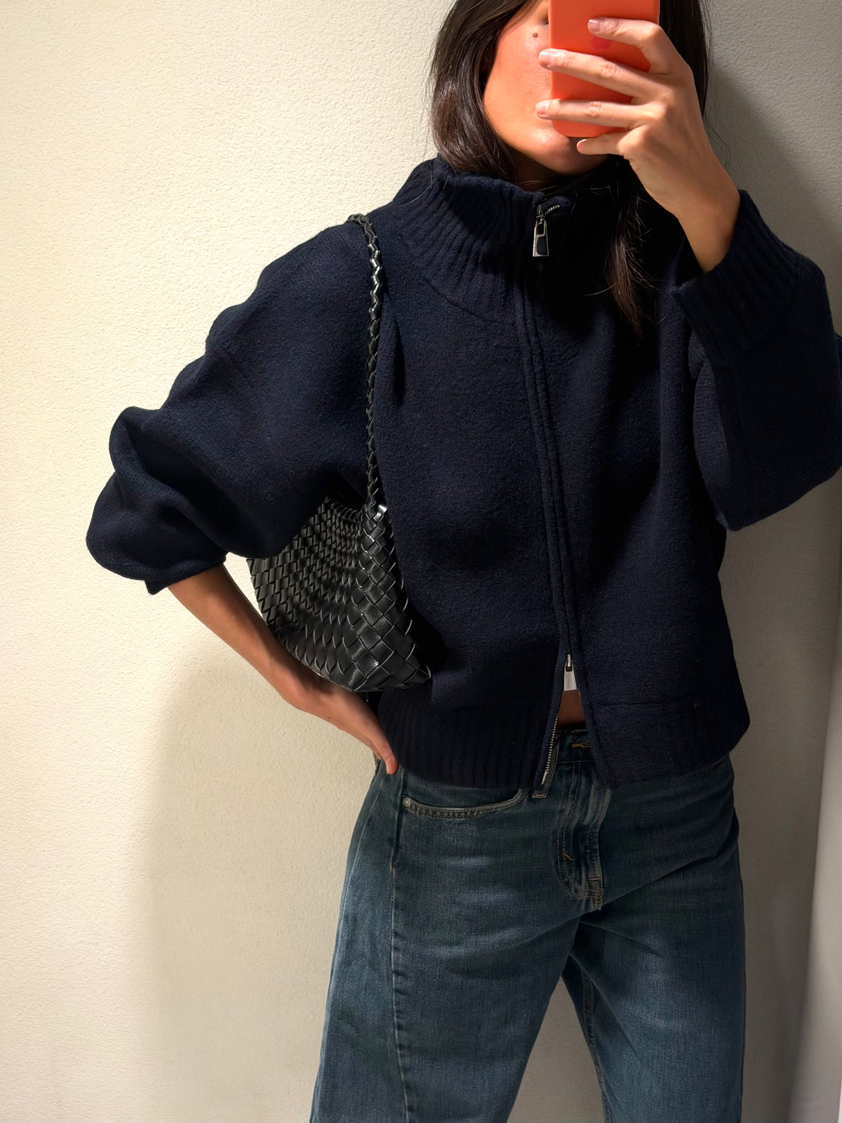 Bolso mediado trenzado piel - Negro